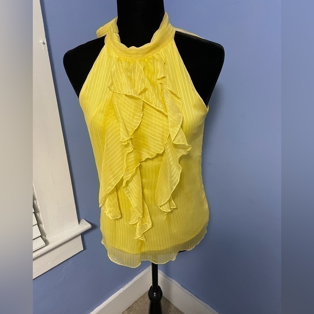 Bcx Yellow ruffle front tie neck top